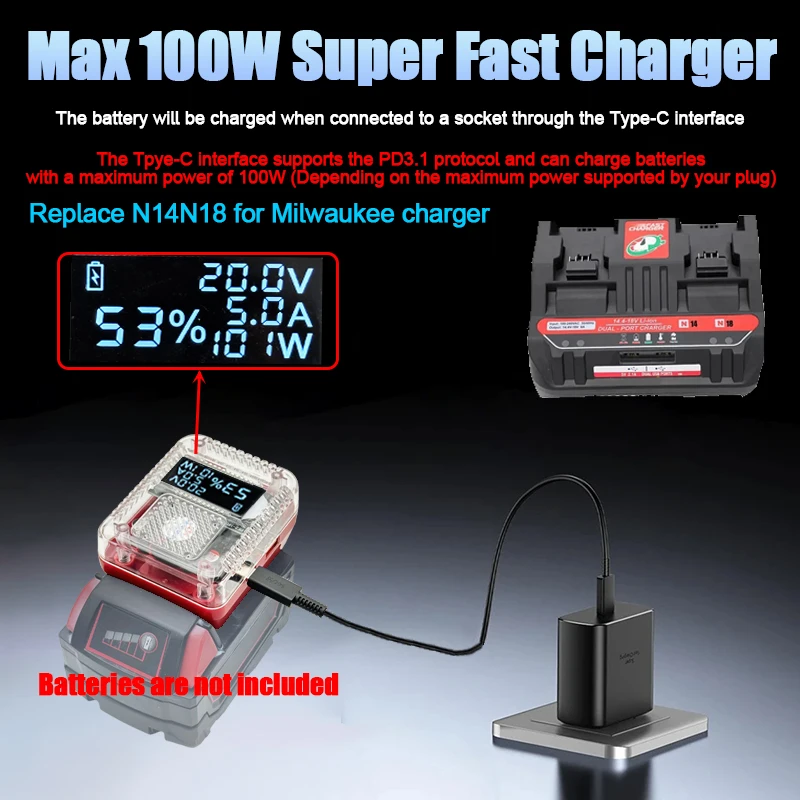 M18 충전기 USB Type-C 보조베터리 138W 용 밀워키 용 Bosch 용 DeWalt 용 Makita 용 리튬 배터리 케이스 어댑터 변환기