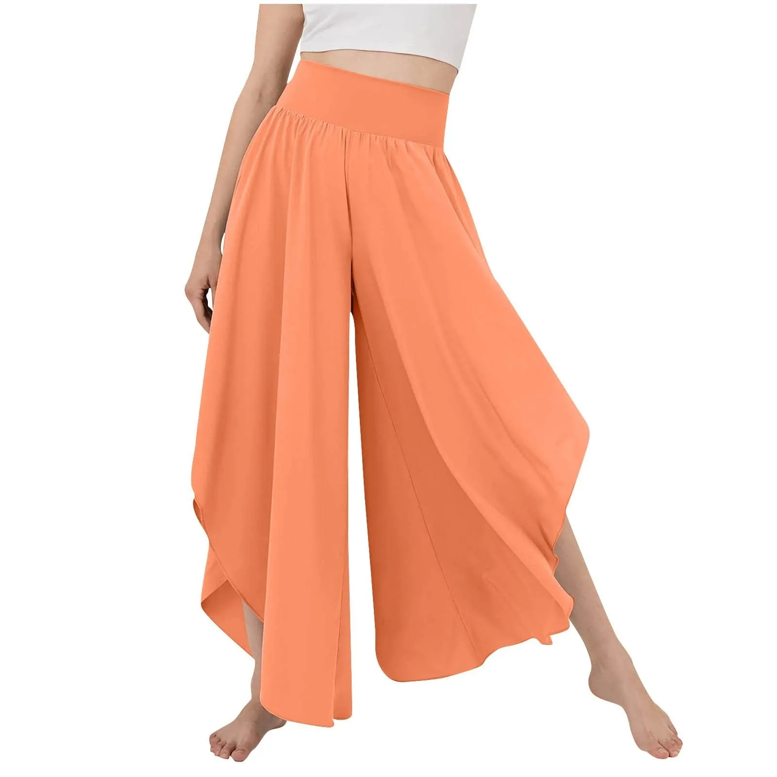 Women's Flowy Large Size Palazzo Pants Irregular Hem High Waist Casual Cropped Pants Summer Lightweight Elastic Beach Pants