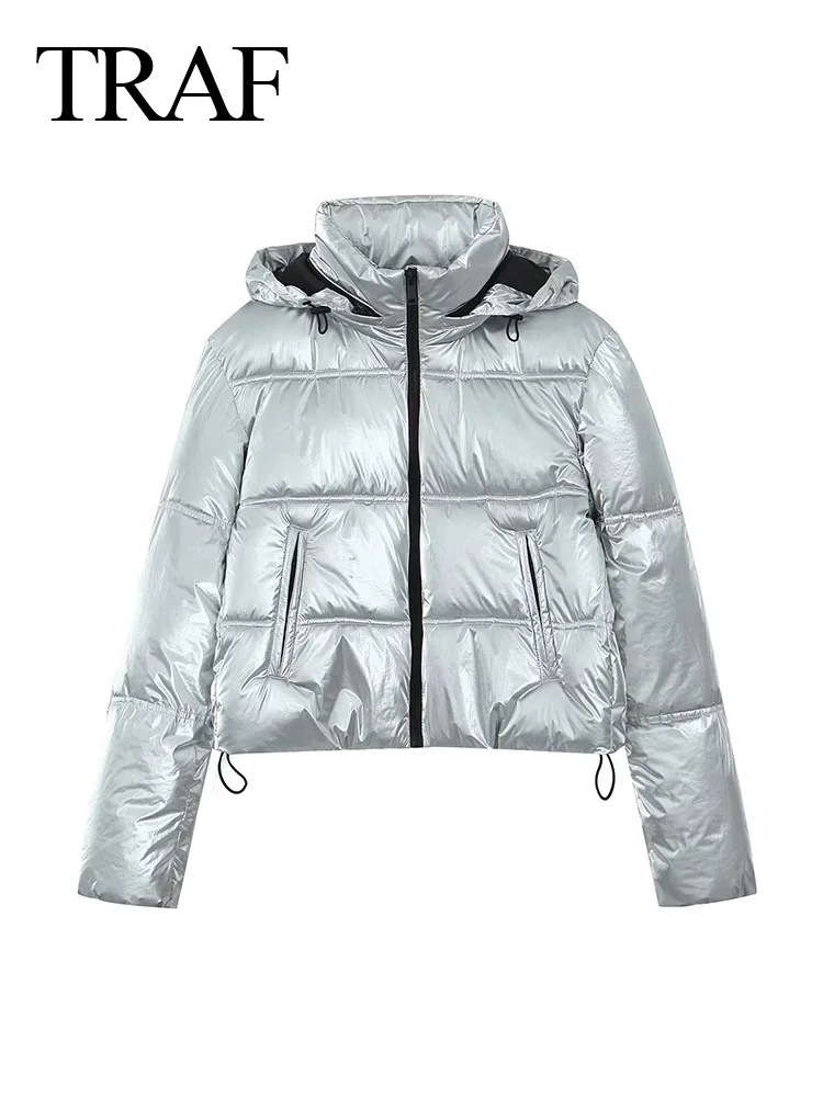 

TRAF 2023 Women Fashion Winter Coats Warm Loose Long Sleeves Parka Female Jacket Overcoat Hooded Zipper Chic Streetwear Coat