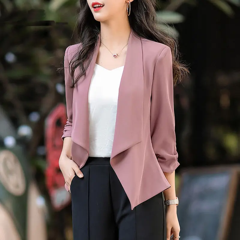 Blazer Women Fashion Jackets Korean Spring Autumn 3/4 Sleeve Cardigan Office Lady Thin Commute Temperament Female Suit Coat 2022 simple solid colors blazer women lapel buttonless casual office blazer spring autumn thin work suit fashion commute formal suit