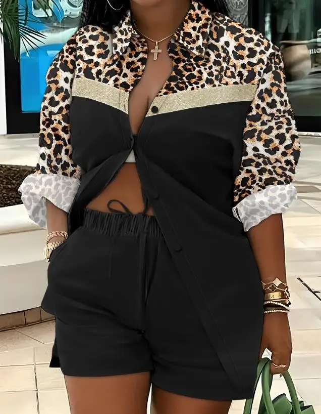 

2 Piece Set Women Summer Outfit 2023 Fashion Leopard Print Colorblock Buttoned Long Sleeve Shirt & Casual Shorts Set Female Suit