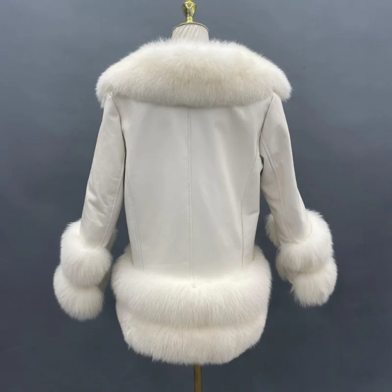 Fox Fur Placket with Sheep Skin Medium Long Fur Coat Jacket Women