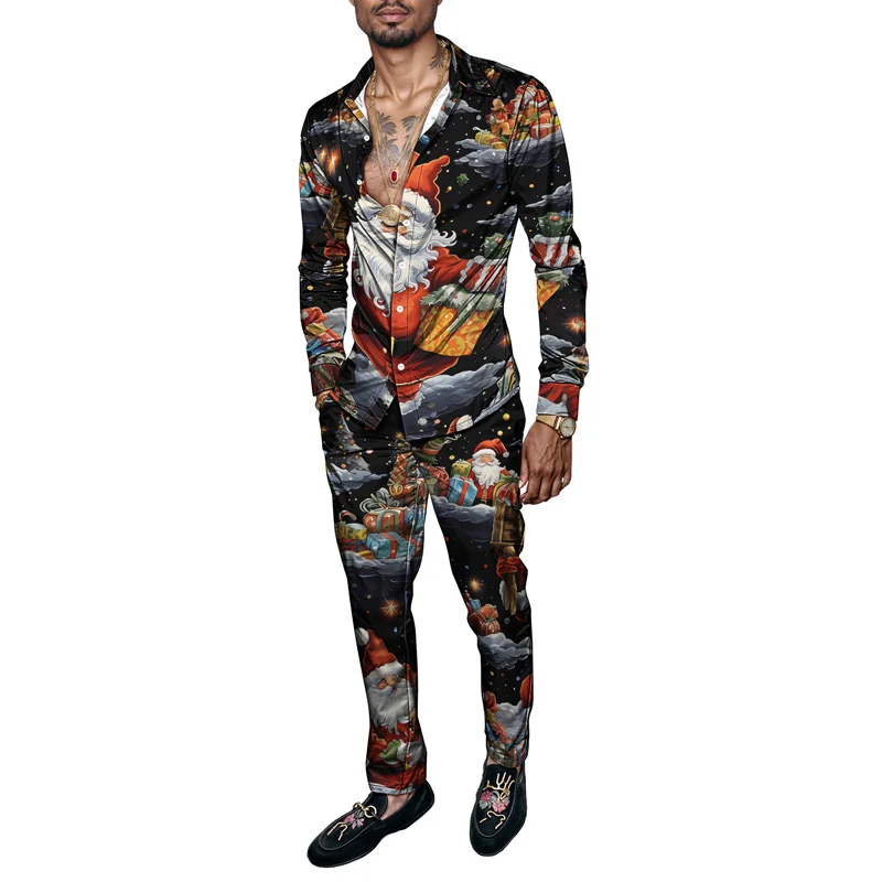 2025 Spring Summer Men Shirt Set Christmas Print Fashion Gingerbread Man Two Piece Set Mens Snowman Lightweight Party Long_viptrois.com
