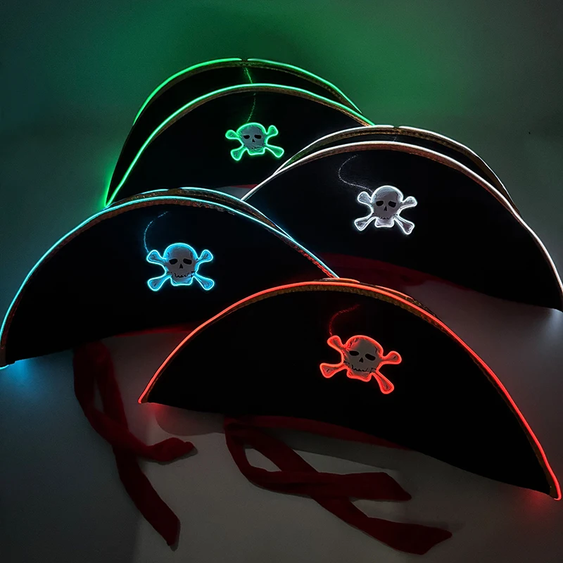 Wireless LED Flashing Adults Pirate Hats Caribbean Pirate Clothing Cap Skull Eye Patches Cosplay Dance Halloween Props