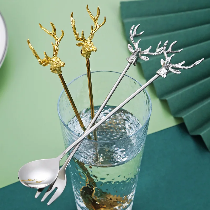 Stainless Steel Cutlery Set Milu Deer Coffee Cake Spoon Fork Dessert s Stirring Teaspoon Ice Cream Fruit Kitchen supplies Stainless Steel cutlery set,stainless steel cutlery set