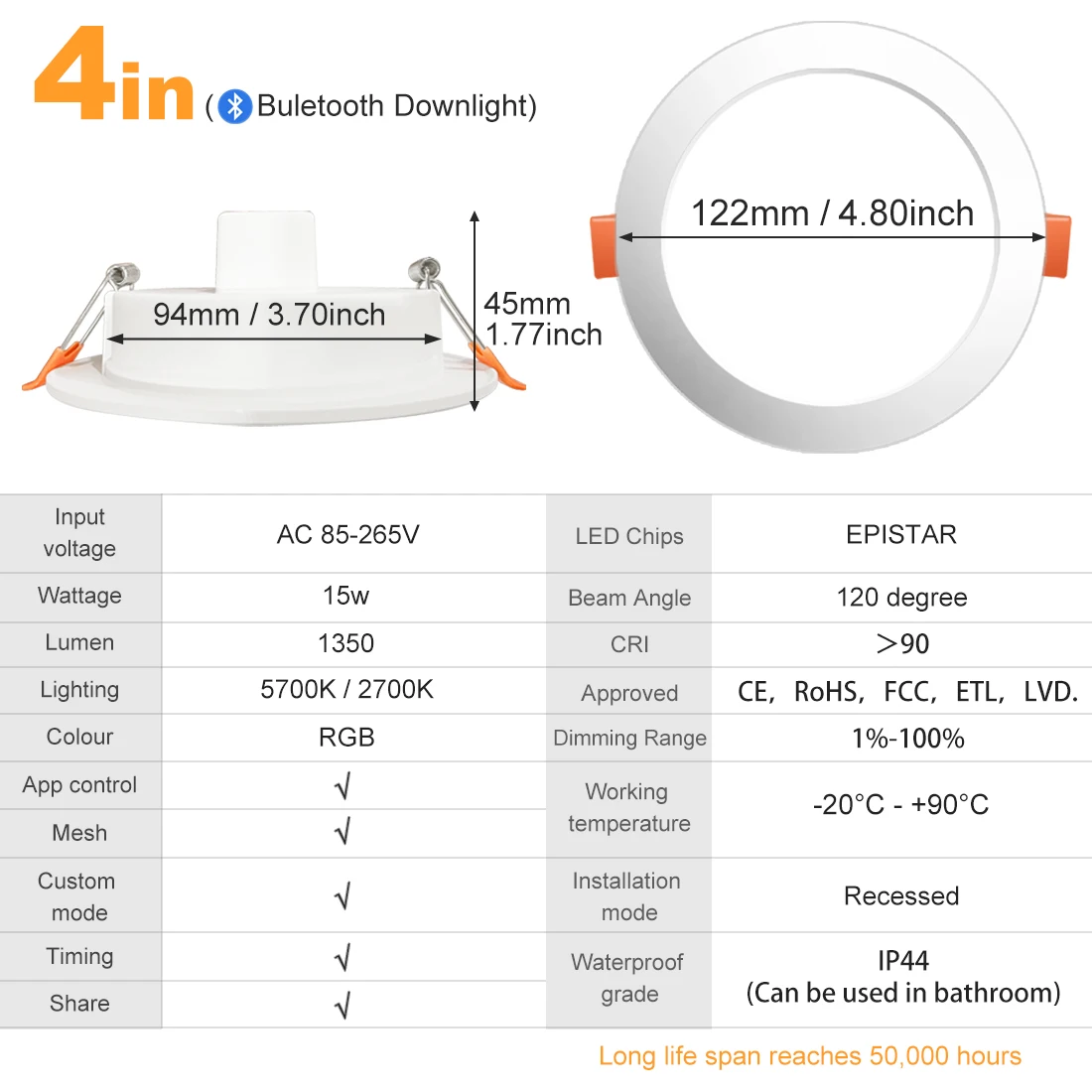 brightest flood light LED Downlights Bluetooth Ceiling Lamp 7W LED Spot Light AC90V-240V Recessed Round RGB Light Timed Dimmable bathroom bedroom remote control flood lights