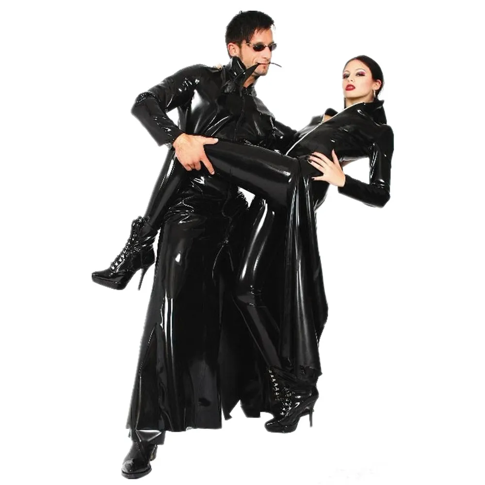 Men Women Black Shiny PVC Latex Long Coat Matrix Neo Gothic Faux Leather Trench Coat Cosplay Night Singer DS Stage Costume stretch shiny patent leather bodysuits women wetlook faux latex rompers front zip open crocth clubwear dance pole costume custom