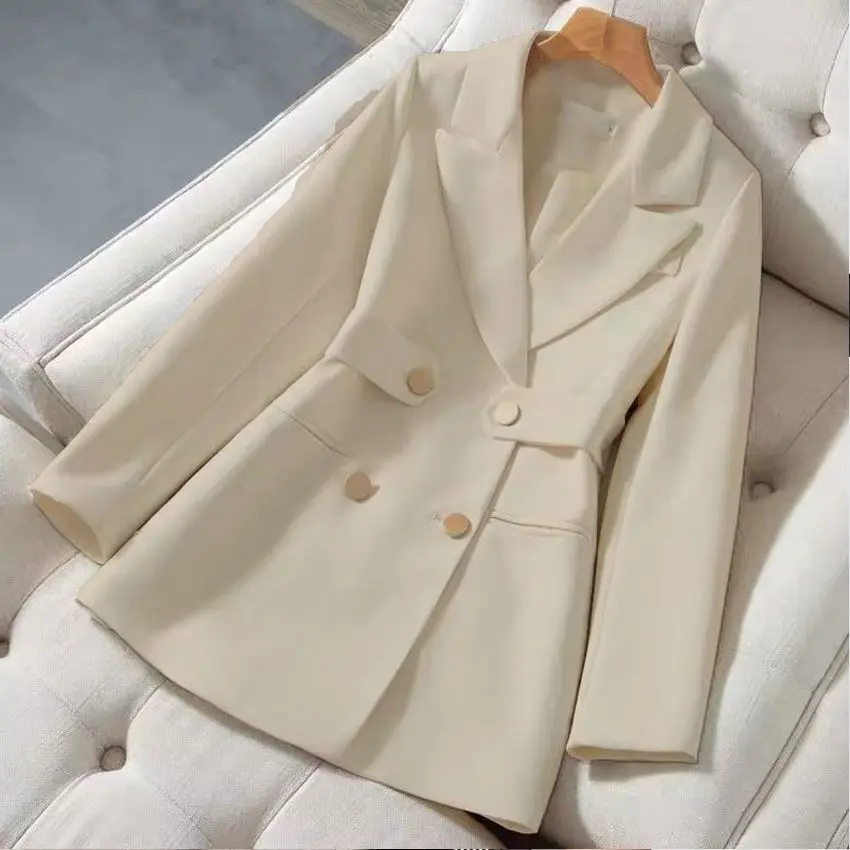 Medium  long small suit coat Women's spring  autumn season new solid color waistband thin double-breasted fashion suit top