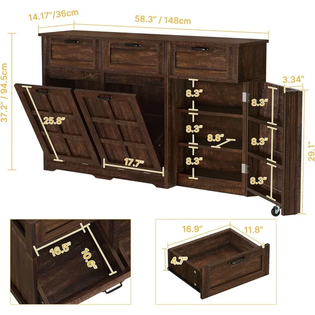 ตู้ขยะคู่แบบอเมริกันสำหรับห้องครัว, ตู้เก็บขยะแบบเอียงพร้อมลิ้นชัก, เกาะกลางครัวพร้อมที่เก็บของ, ซ่อนอยู่ 5