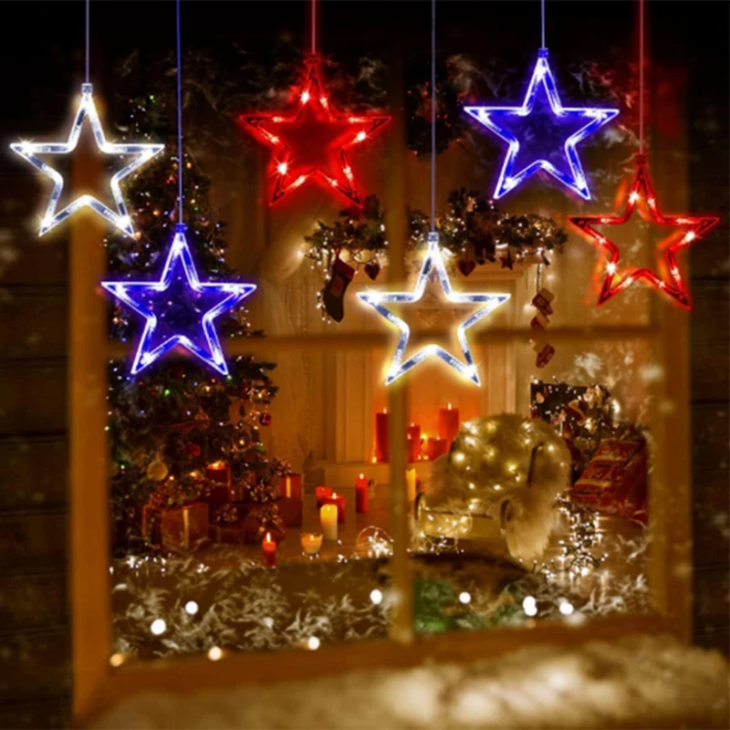 

6Pcs 4Th Of July Day Window Red White Blue Window Lights LED Star Lights American Indoor Outdoor Scene Lights