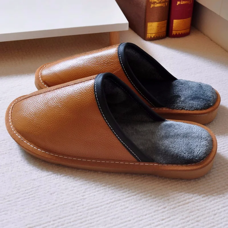 Genuine Leather Women's Indoor Slippers for Winter, Couple's Anti-Skip Warm Household Slippers, Men Casual Home Shoes