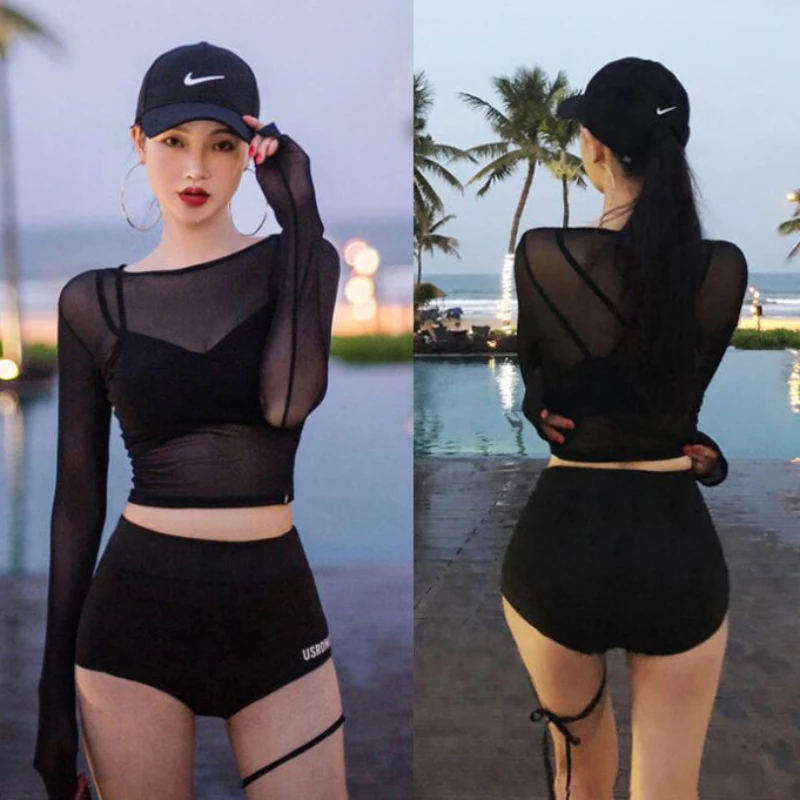 

3pcs Swimsuit Set Women Surfing Suit Black Solid Sexy Gauze Split Type Bikini Set Summer High Elasticity Fast Dry Swimwears