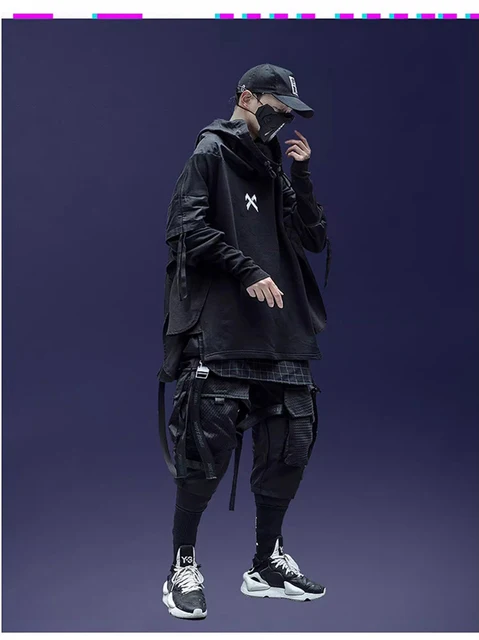  Sudadera con capucha de algodón con cuello doble ninja Techwear  Harajuku para hombre, sudaderas con capucha Hip Hop Streetwear Sudaderas,  Negro - : Ropa, Zapatos y Joyería