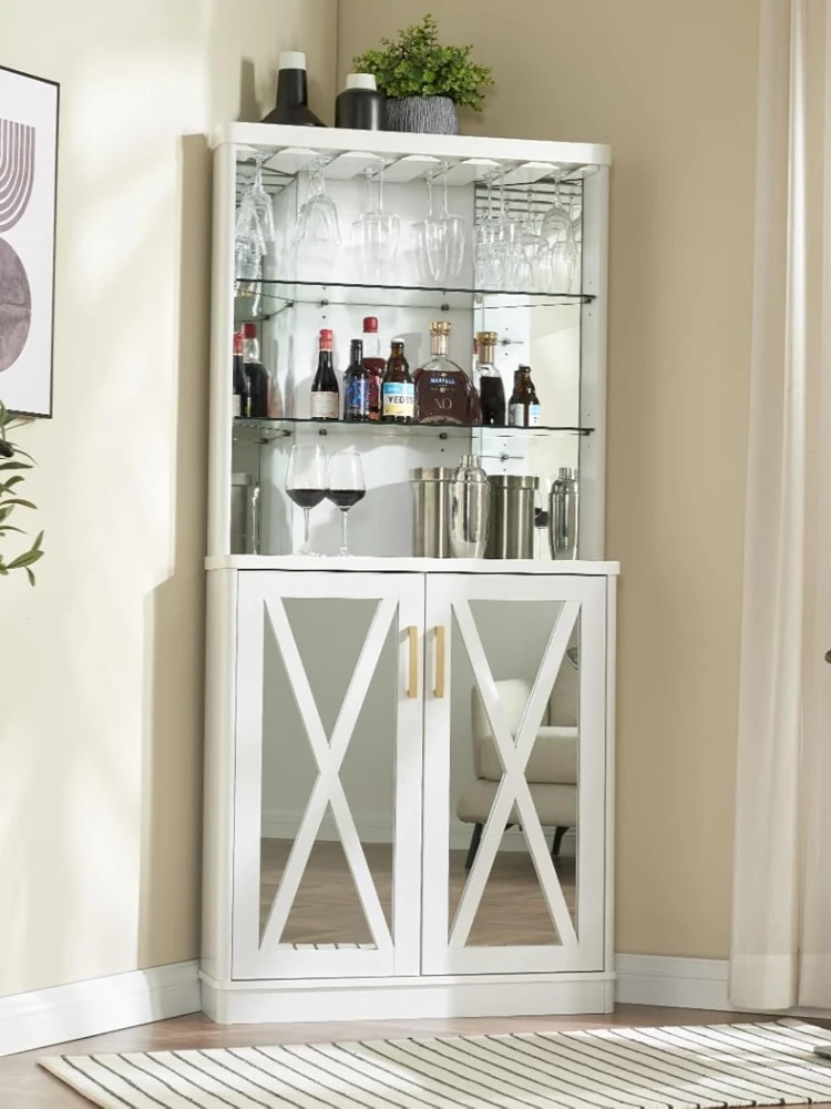 68" Tall Corner Bar Cabinet with Wine Rack, Glass Liquor Shelves, Large Coffee Table, Kitchen Storage with Glass Doors