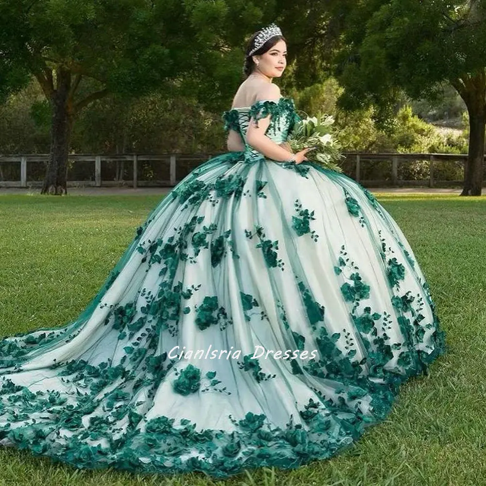 

Emerald Green Crystal Beading 3D Flowers Quinceanera Dress Ball Gown Off The Shoulder Corset Sweet 16 Vestidos De 15 Años