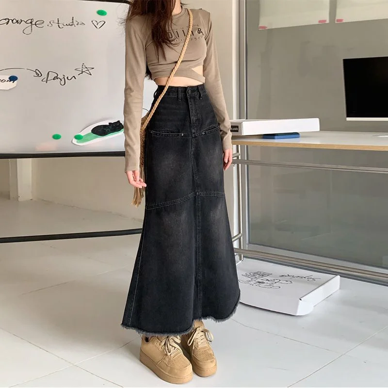 Vintage Denim Skirt Women's 2022 Autumn New Korean High Waist Mid