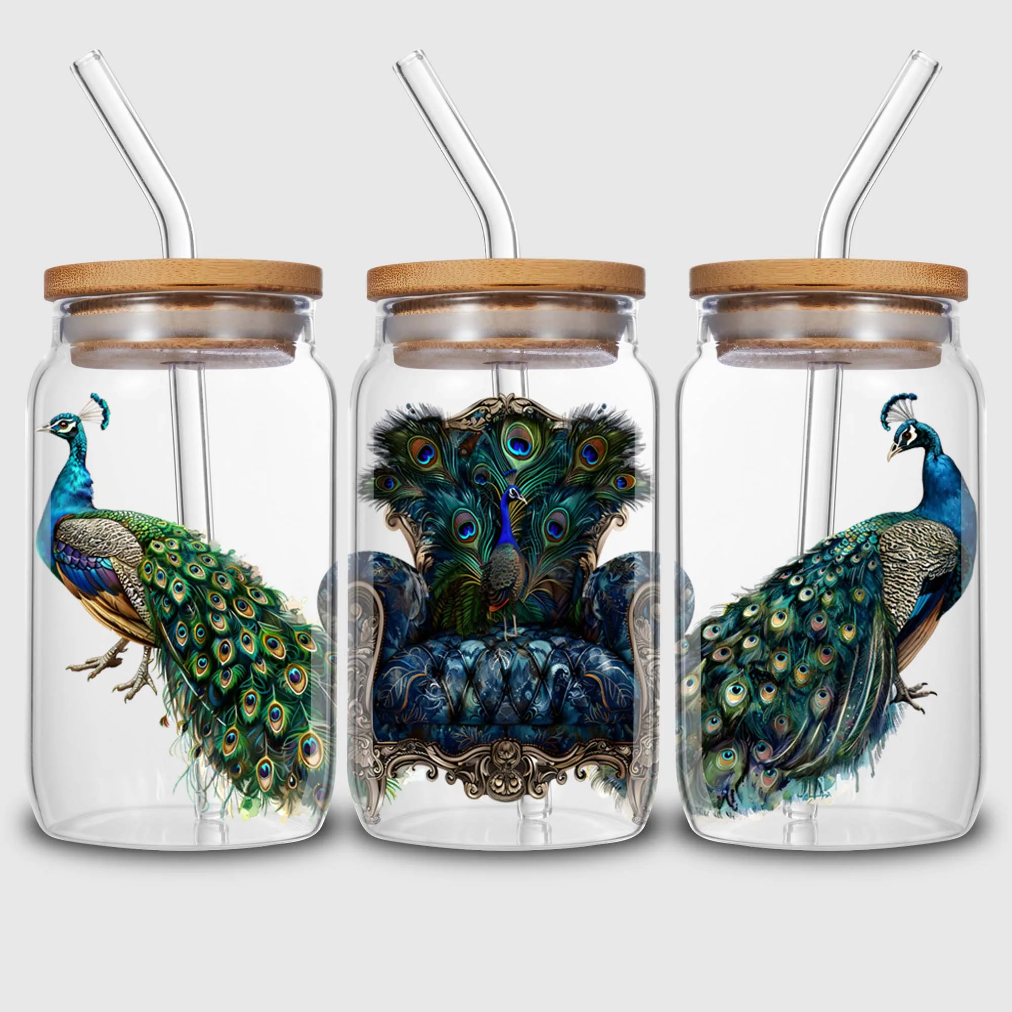 5 sheets Peacock UV DTF Cup Holder 16 oz, Beautiful Peacock DTF Cup Holder Transfer Glass, Water Bottle Waterproof Sticker
