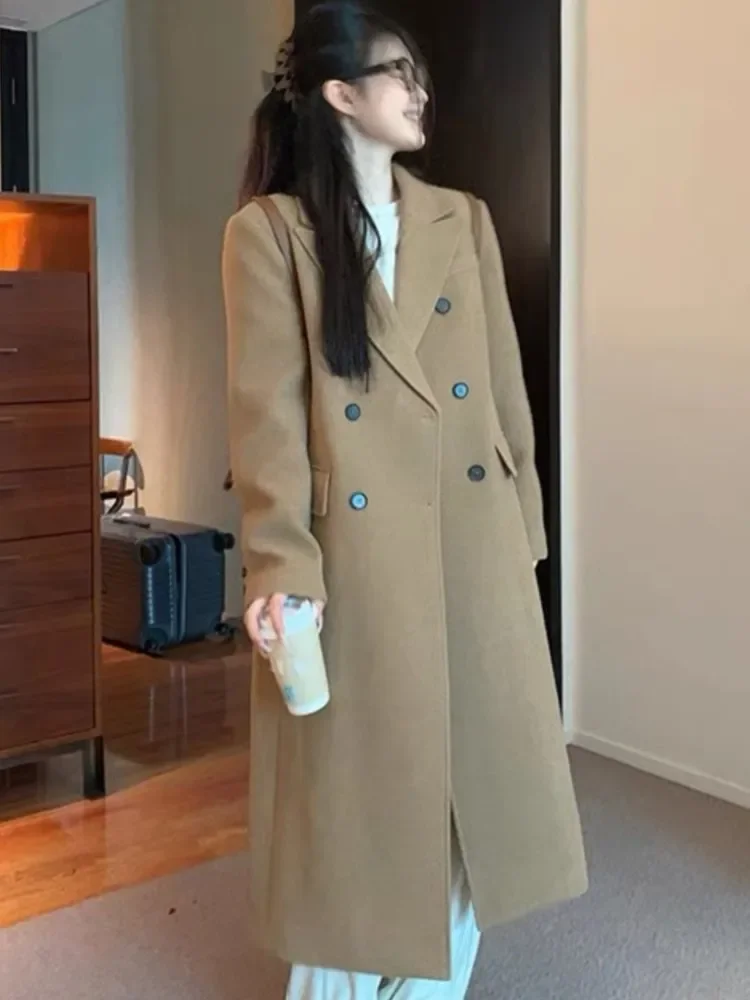 Autumn Winter Woolen Long Coat Women Double Breasted Lapel Korean Style Fashion Soft Khaki Overcoat Warm Loose Outerwear New