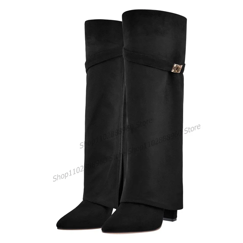 

Turned-Over Black Flock Belt Metal Decor Boots Knee High Thick Heel Women Shoes Side Zipper Pointed Toe 2023 Zapatos Para Mujere