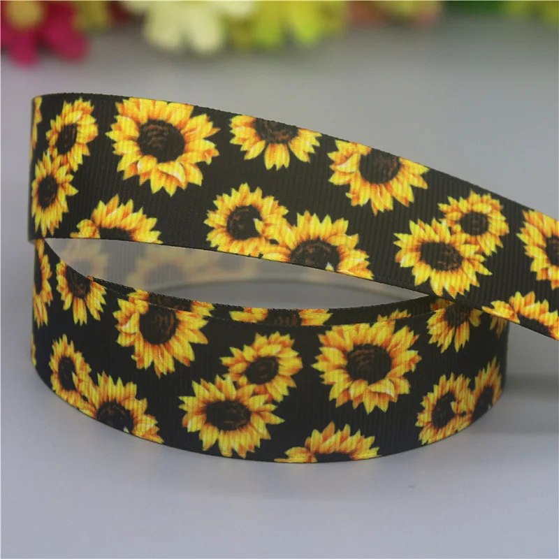 Flower Sunflower Printed Grosgrain Ribbon DHK 7/8'' 5yards Accessories Material Headwear Decoration DIY Sewing Craft C2057