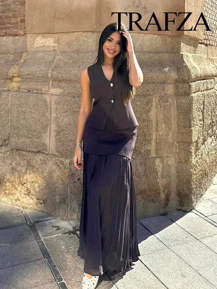 TRAFZA Women 2 Piece Set Chic V-Neck Sleeveless Button Knitted Vest Top+Splicing High Waist Side Zipper Ankle-Length Skirt TRAF 3
