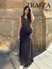 TRAFZA Women 2 Piece Set Chic V-Neck Sleeveless Button Knitted Vest Top+Splicing High Waist Side Zipper Ankle-Length Skirt TRAF 3
