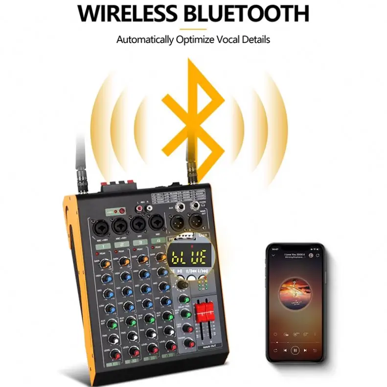 Pro 4 Channel 16 DSP Audio mixerdj controller/audio console mixer With dual wireless Microphone for ktv dj