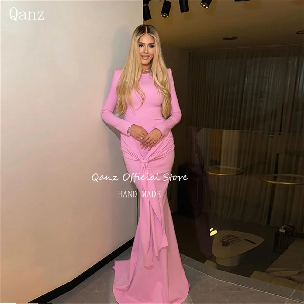 

Qanz Vintage Saudi Arabia Evening Dress O Neck Long Sleeves Mermaid Pink 2024 Dubai Luxury Gown Long Robe De Soirée Des Fête