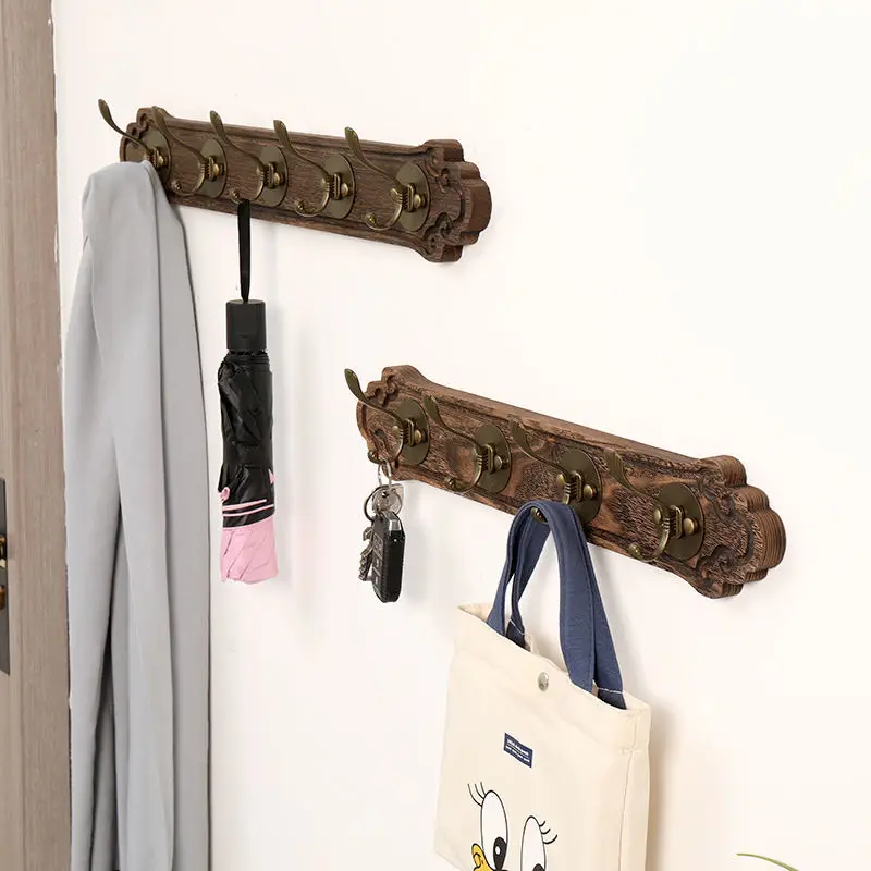 Retro Solid Wooden Coat Rack 4/5/6/7/8 Hooks Luxury Wall Hangers for Hanging Clothes Keys Storage Holder Entrance Furniture Hall