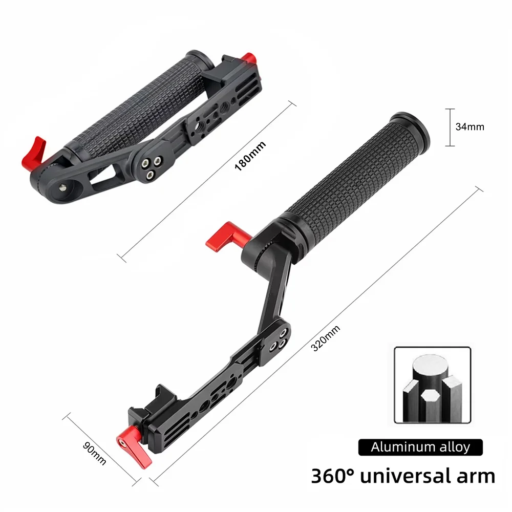 Poignée 360° réglable pour stabilisateur DJI avec support Nato, en position verticale.