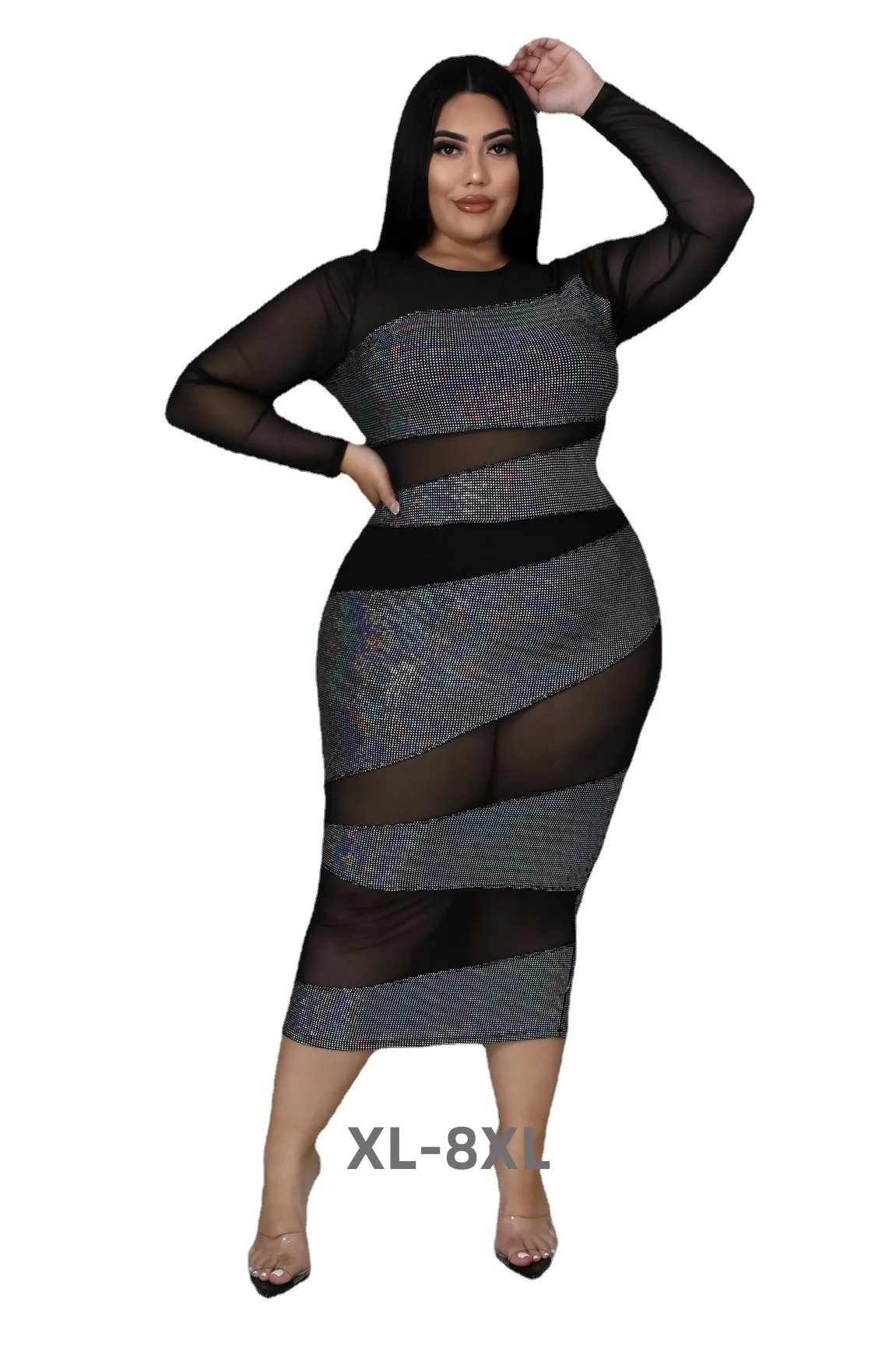 

Plus Size Women Elegant Dress Leather Mesh Patchwork Party Dress Fall Casual Evening Robe Female Luxury 3xl 4xl 5xl 6xl