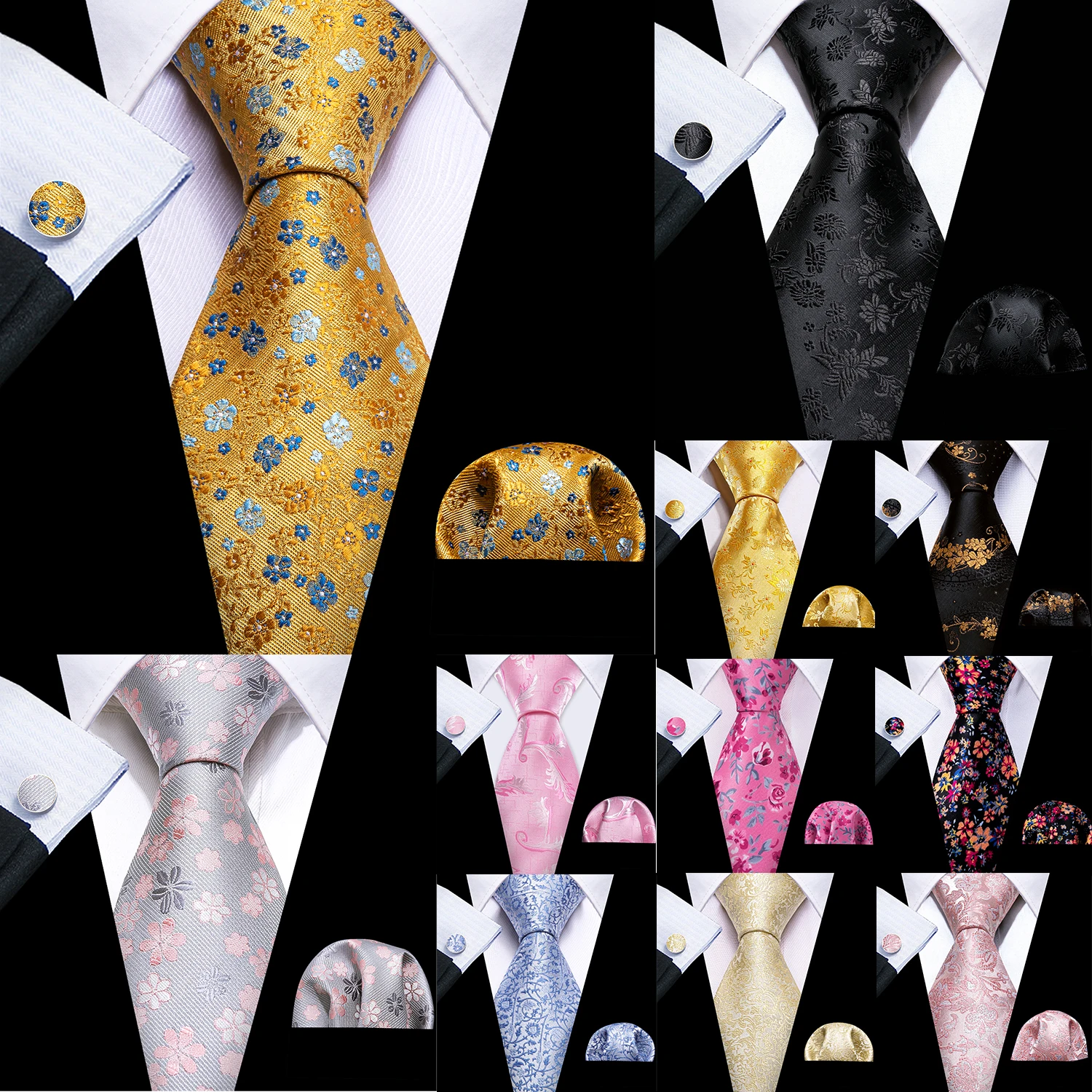 Men Tie Hankerchief Cufflink Set Plum Blossom Rose Spiraea Necktie Cravat For Male Wedding Party Business Neck Tie Pocket Square Mini Handkerchief