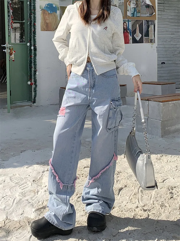 

2023 Ropa Y2K Fashion Washed Blue Baggy Ripped Stacked Jeans Pants For Women Gothic Clothes Straight Vintage Lady Denim Trousers