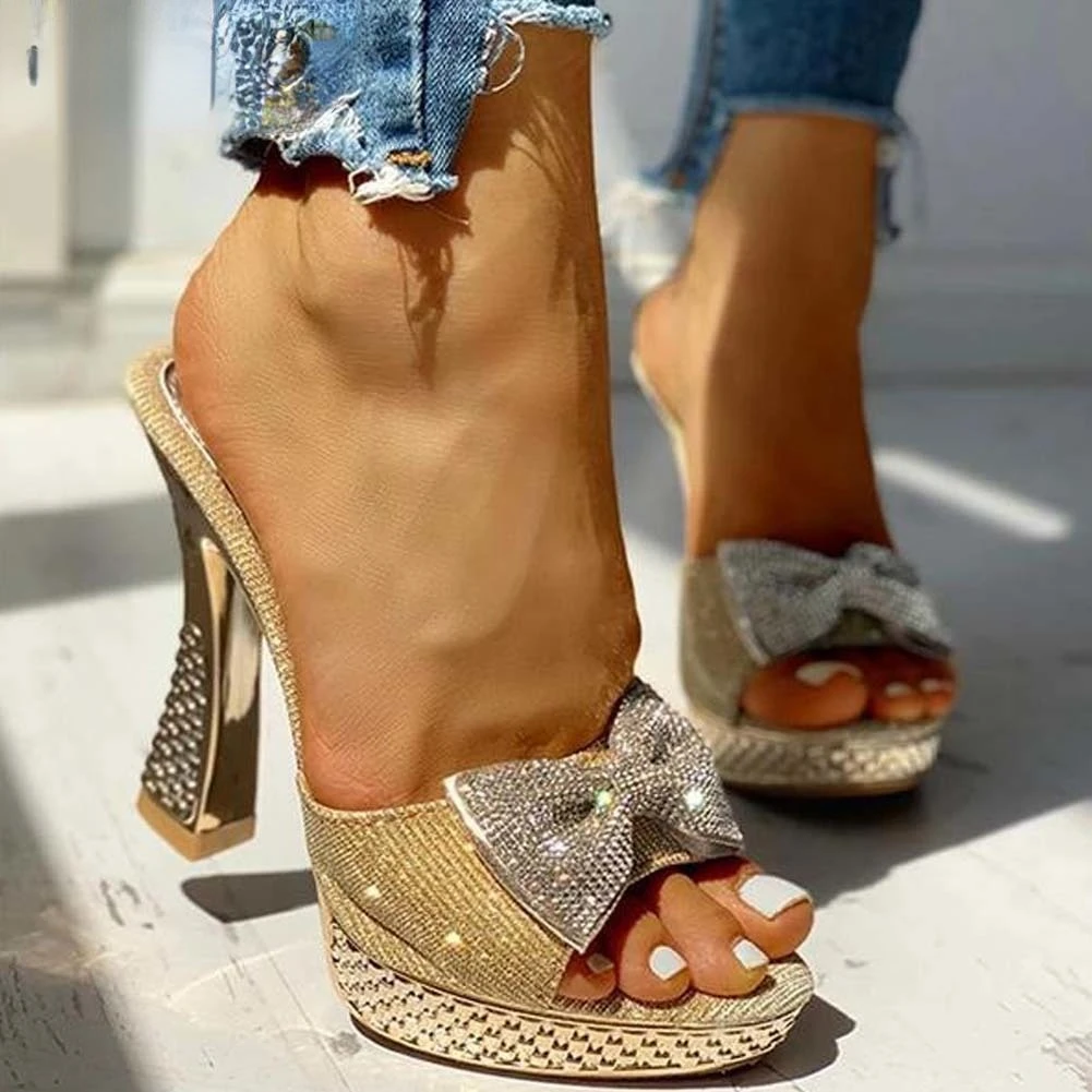 

Trendy Fashion Female Bowknot Sexy Slippers 2022 Summer Slippers Women Platform Crystal Thick High Heels Shoes Woman