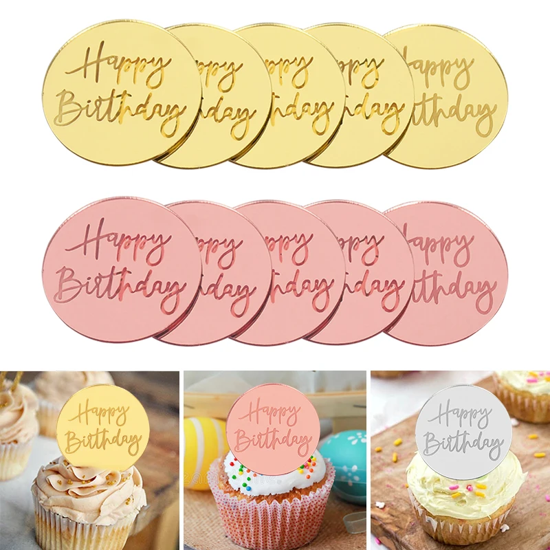 10pcs Happy Birthday Cupcake Toppers Gold Acrylic Circle Dessert Cake DIY Decorations Insert Card Kids Birthday Party Supplies space universe cake topper rocket planet cupcake toppers astronaut kids space theme party happy birthday cake decorations suppli