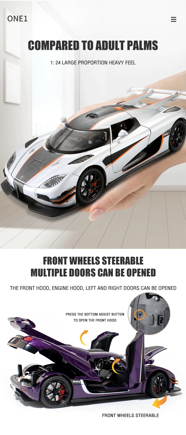 1:24 Scale Koenigsegg One:1 Supercar Diecast Alloy Car Model Sound And Light 17 1:24 Scale Koenigsegg One:1 Supercar Diecast Alloy Car Model Sound And Light