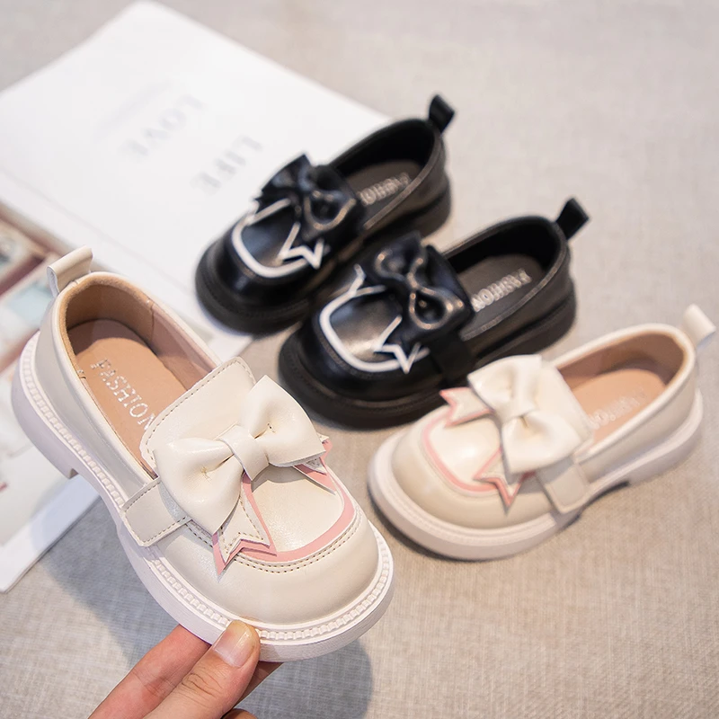Fashion Girls Princess Leather Shoes Bowknot Versatile Children Causal Shoes PU Non-slip Sweet Kids Loafers for Wedding Party