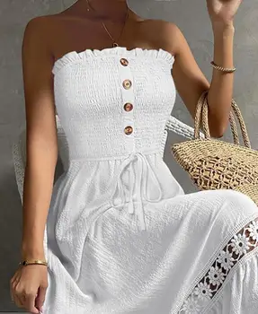 Womens Dresses 2025 Summer New Solid Color Bandeau Fashion Shirred Lace Patch Sleeve Casual Daily Vacation Maxi Dress 1