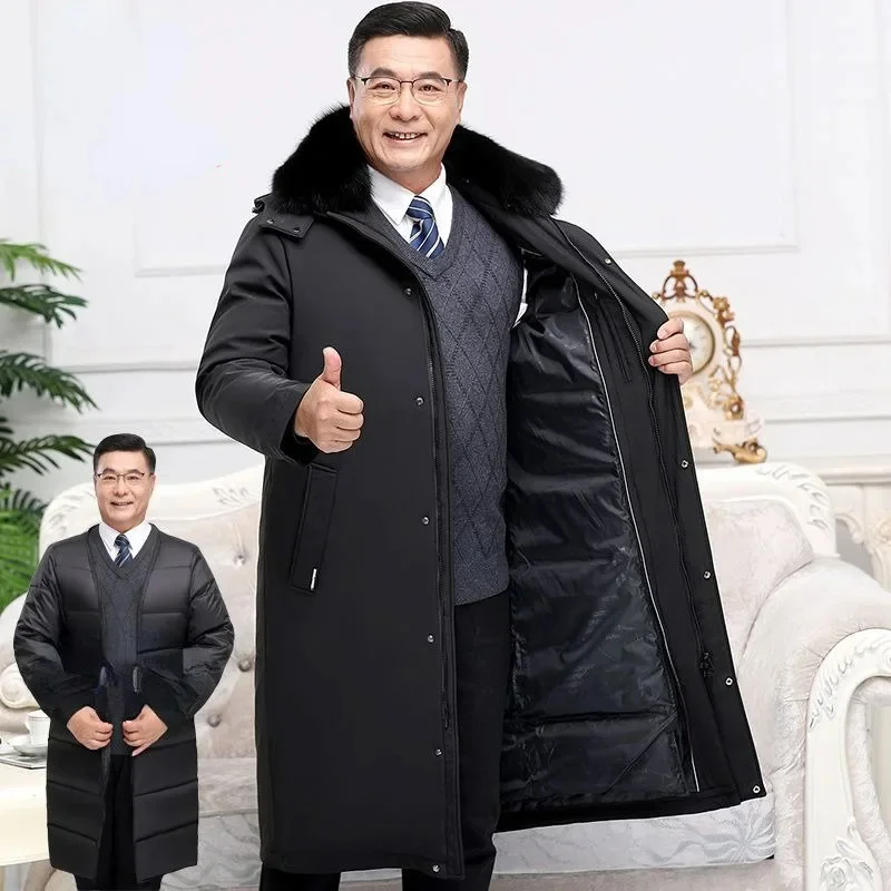 

Jacket Down Men Faux Fur Collar Middle-Aged Hooded Long Below Knee Thickening Detachable Liner Dad Loose Warm Coat Thick Parkas