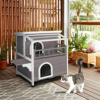 Outdoor Wood 2-Floor Cat Condo Pet House Kitty Shelter With Stairs Balcony 2