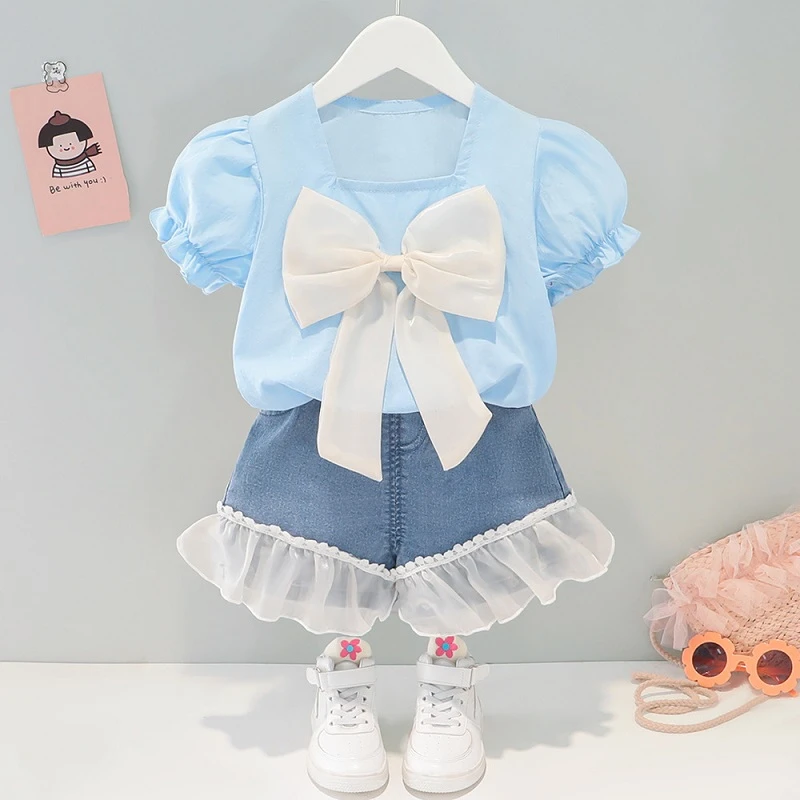 Girls Summer Short Sleeve suit new fashion baby girl big bow top denim shorts 2-piece suit 0-4-year-old baby out clothing baby clothing set essentials
