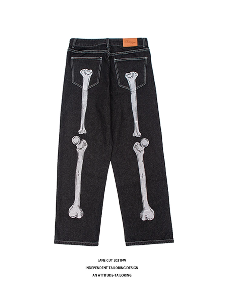 Jeans American Casual Printed Embroidered Skull Bones National Fashion High Street Hip Hop Loose Straight Wide Leg Mid HighWaist