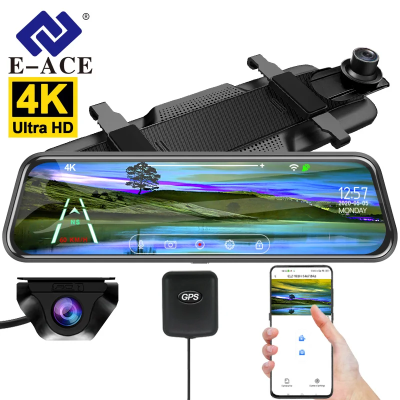 E-ACE 4K Car DVR 9.66 Video Recorder Rear View Camera In The Car Recorders Mirror With Rear Cameras GPS Parking Sensors Monitor