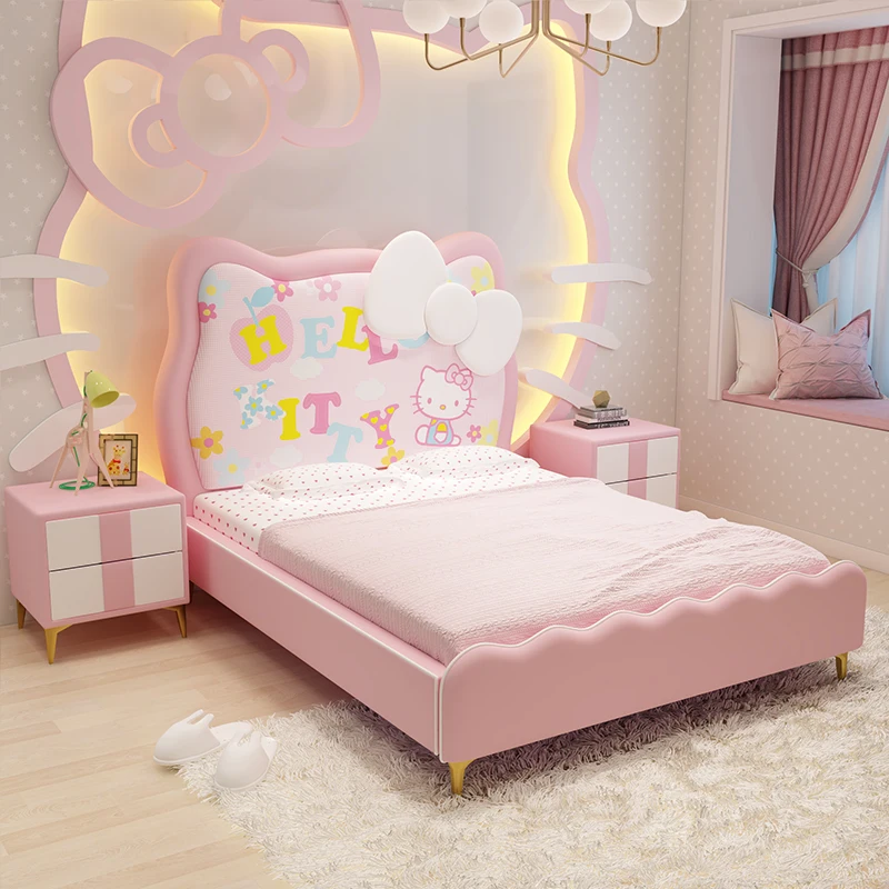 Children's bed girl 1.5 meters luxury cartoon Kitty cat single bed Princess bedroom solid wood leather pink