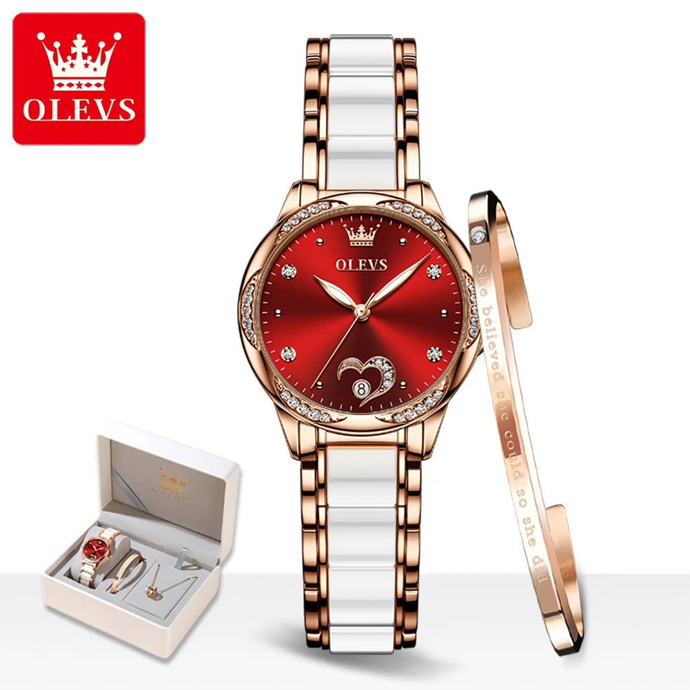 

OLEVS Top Luxury Brand Women's Automatic Mechanical Watch Stainless Steel Waterproof Date Elegant Love Diamond Women's Watch Set