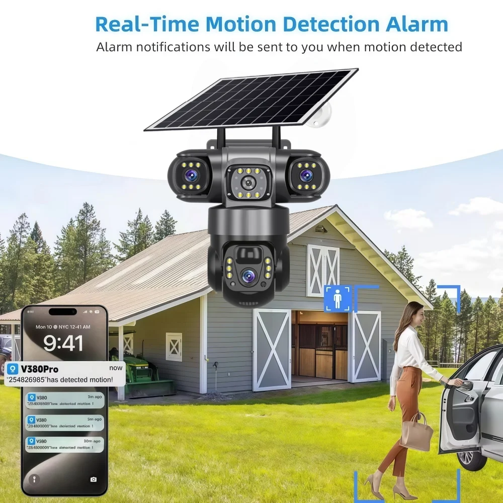 V380Pro Triple Lens 4G Solar Camera Outdoor 15MP 10X Zoom Triple Screen PIR Motion Detection Security Surveillance IP66 PTZ Cam 4