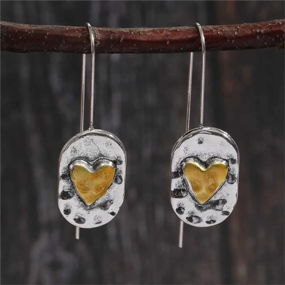 Bohemin Retro Two Tone Heart Drop Earrings for Women Vintage Unique Design Earring Party Jewelry Gifts