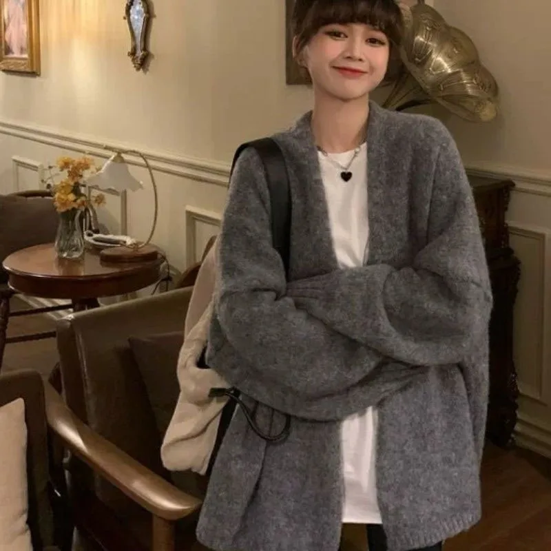 일본식 빈티지 루즈핏 v넥 긴팔 가디건 여성용, 올 매치 솔리드 컬러 인기 상품, 2022 가을 신제품