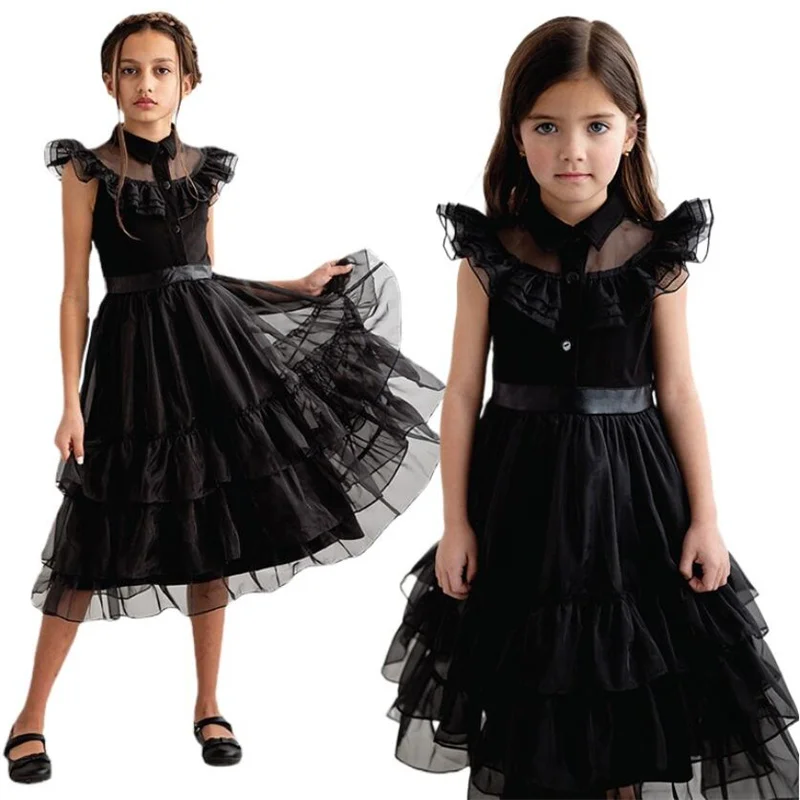 

Movie Wednesday Girls Cosplay Mesh Dresses Addams Costume Gothic Wind Party Gown Kids Halloween Carnival Dress 2023 Summer New