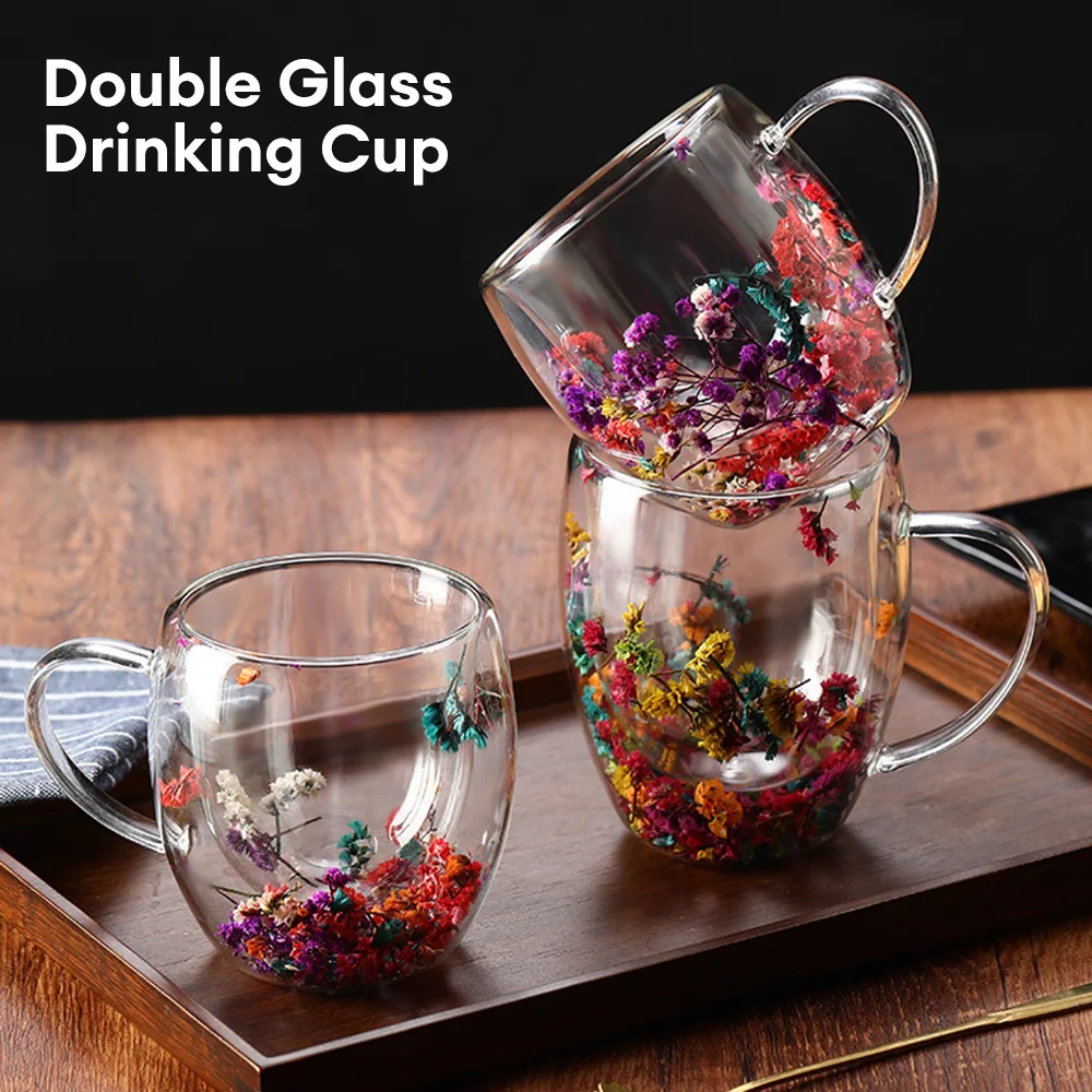 

Creative Glass Cup Double Wall Real Dry Flower Conch Flash Cup High Borosilicate Glass Cups with Handles for Gift Decoration